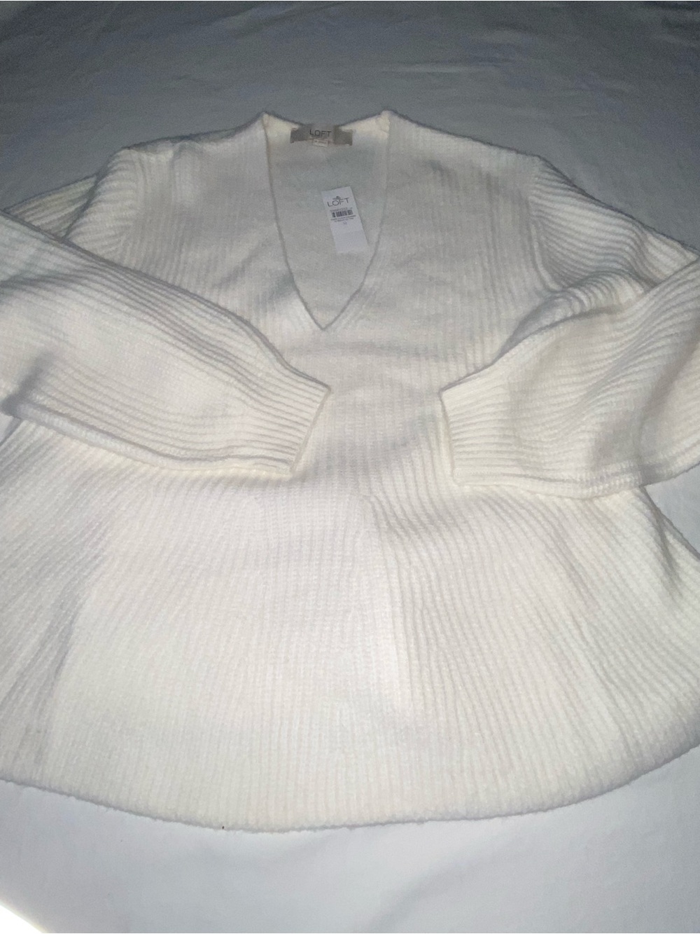LOFT Cream V-Neck Ribbed Knit Sweater - Picture 2 of 6
